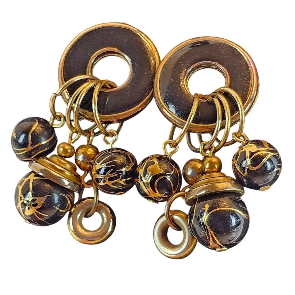 Vintage Black Gold Beaded Dangle Earrings Chunky Statement Retro Style Boho 2"